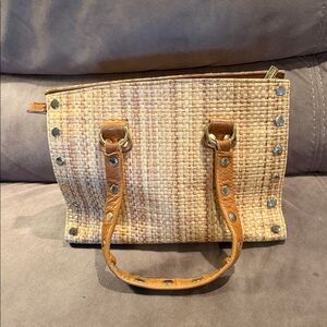 Women’s Hammitt Stylish Raffia Tan Woven Satchel with Tan Leather Trim Handbag